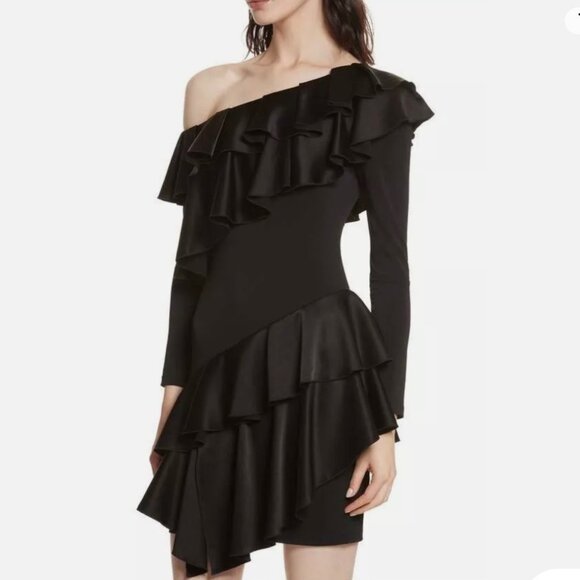 NWT Alice + Olivia Izzy One-Shoulder Black Asymmetrical Ruffle Dress Size 2 - Picture 3 of 12
